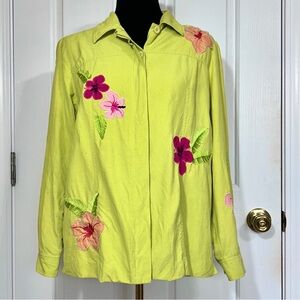 Laura Ashley Silk Linen Hibiscus Embroidered Jacket Lime Green Size Medium Artsy